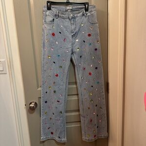Light Wash Denim Jeans with Multicolor Jewel Embellishments